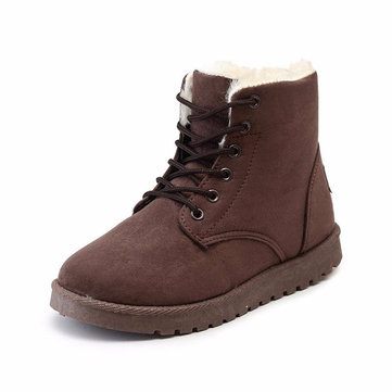 Bottes d'hiver de neige cheville à lacets en daim chaussures plates doublure en fourrure chaude