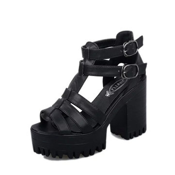 Dames de mode d'été PU cuir avec boucle cheville couvercle talon sandales compensées chaussures à bout ouvert