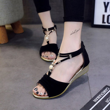 Les femmes perles plage chaussures plates sandales t sangle d'été de coins à bout ouvert