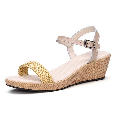 Cuir casual chaussures femmes été sandales compensées douces confortable plage de tricotage chaussures sandale