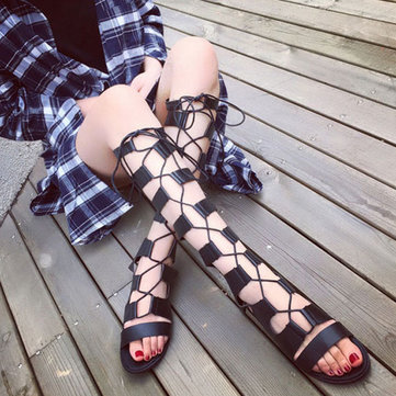 Femmes strappy ouvert orteil fermeture à glissière sandales cuissardes chaussures plates