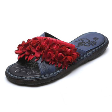 Sandales& décontractées& pour& femmes& à& fleurs plates Sandales décontractées en cuir véritable
