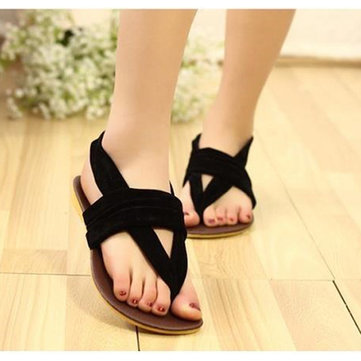 Femmes bohême sangle de plage sandales t-strap pantoufles plates chaussures flip flop