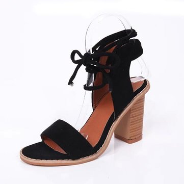 Femmes talon épais lacent sandales en daim à lanières peep toe