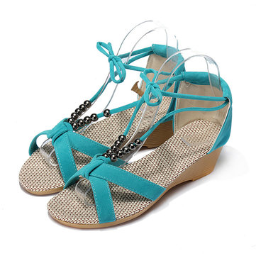 Talon plat perles occasionnel lacage gladiateur petites chaussures de coins