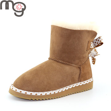 Mg nouvelles femmes d'hiver en peau de mouton chaussures plates de laine à talons bas bottes mi-mollet mode neige chaussures