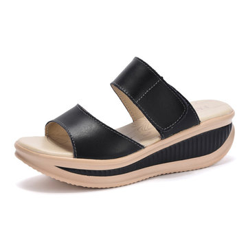 Glisser sur doux sandales compensées en cuir crochet boucle plage pantoufle sandales