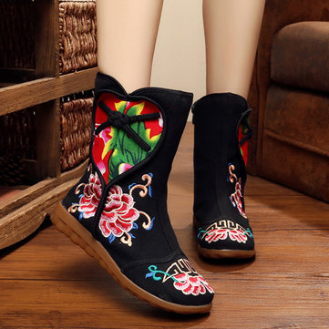 Bottes courtes broderie de fleurs à glissière bout rond cheville