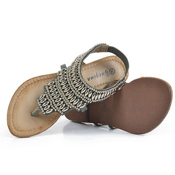 Bohême perles rétro sandales de plage cru peep toe enfiler des sandales plates