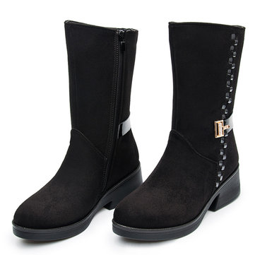 Hiver femmes mi-mollet bottes de neige de fourrure de mode de doublure coton suède bas talon chaussures