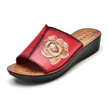 Sandales& à& talons& en& cuir& femme Pantoufles extérieures décontractées